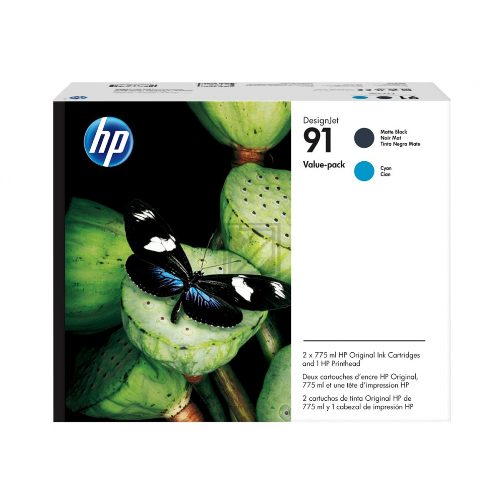 HP Druckkopf + Tintenpatrone schwarz matt, cyan (P2V35A, 91)