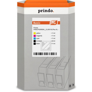 Prindo Tintenpatrone (Basic) gelb, magenta, 2 x schwarz, schwarz, cyan (PRSCPGI550XL_CLI551XLPlus) ersetzt CLI-551BKXL, CLI-551CXL, CLI-551MXL, PGI-550PGBKXL